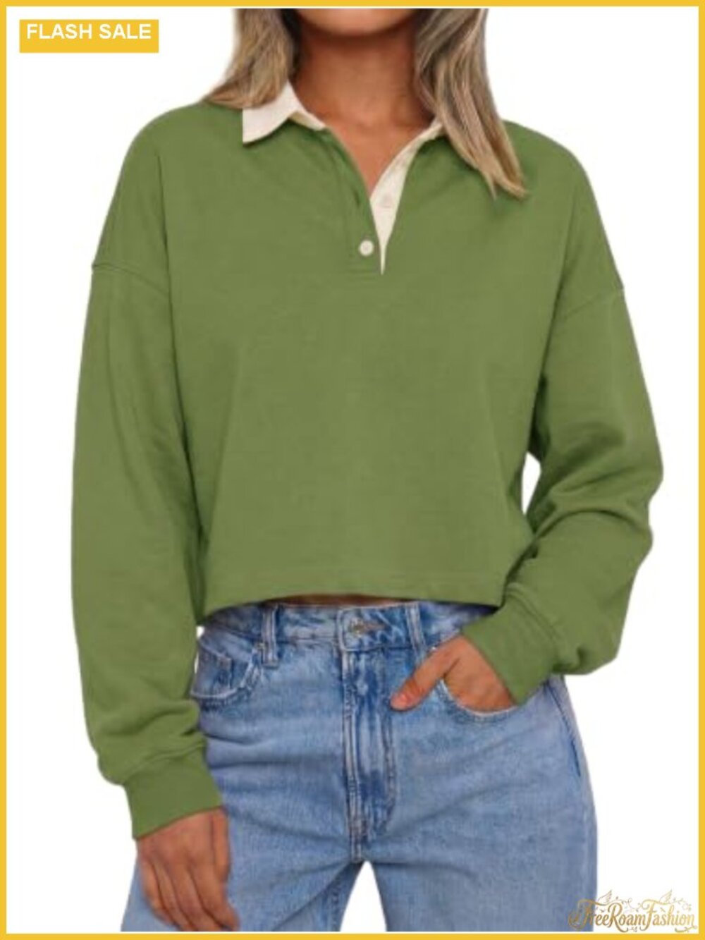 Women's Long Sleeve Cropped Polo Shirt Sweatshirt Pullover Top